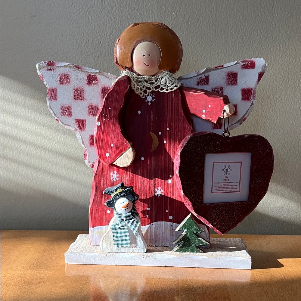 Charming Vintage Wooden Holiday Angel Figurine with Heart Frame